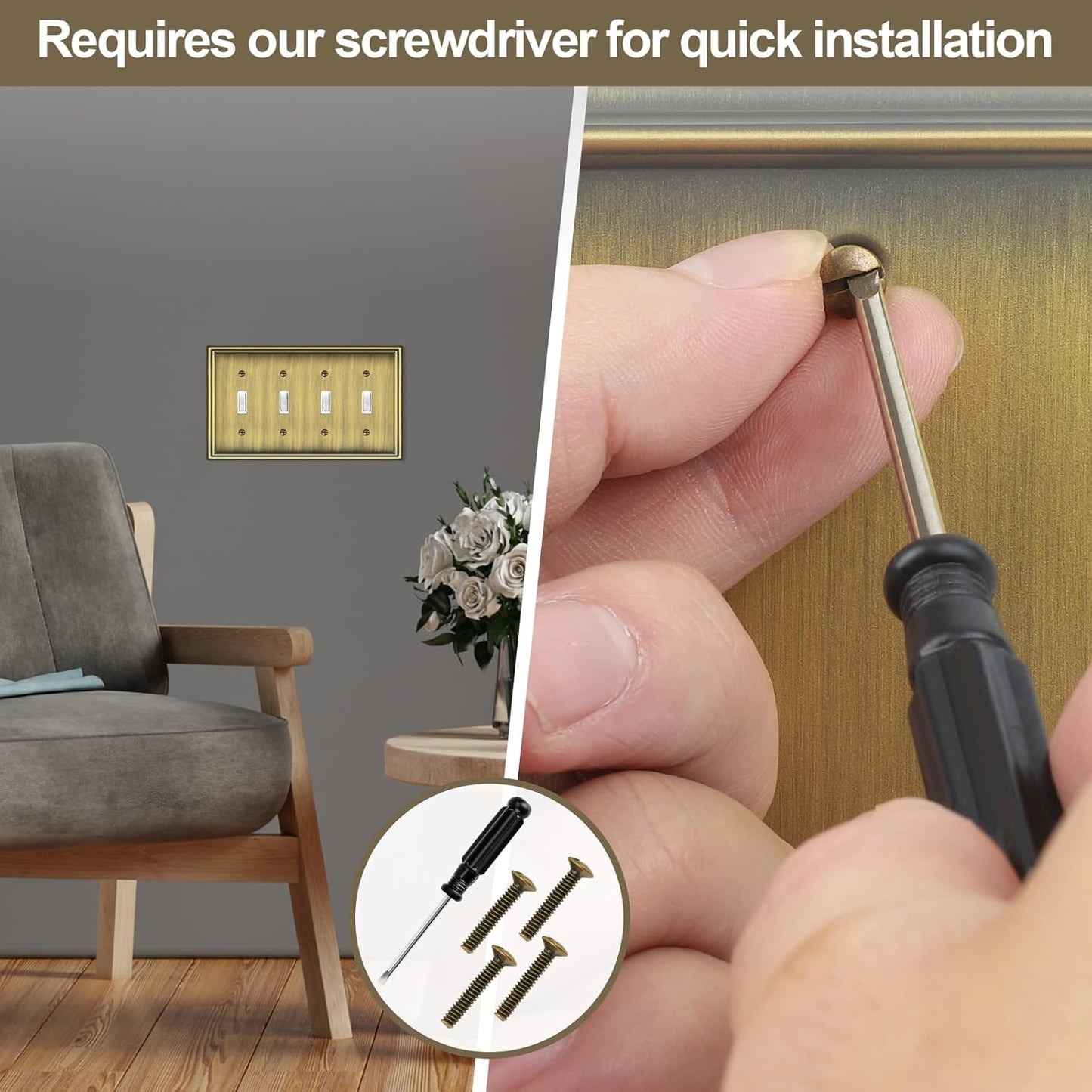 2 Pack Quad Toggle Light Switch Covers Plate, Antique Brass Metal Material Switch Plate Covers, 4 Gang Wall Plate for Light Switch - Classic Style