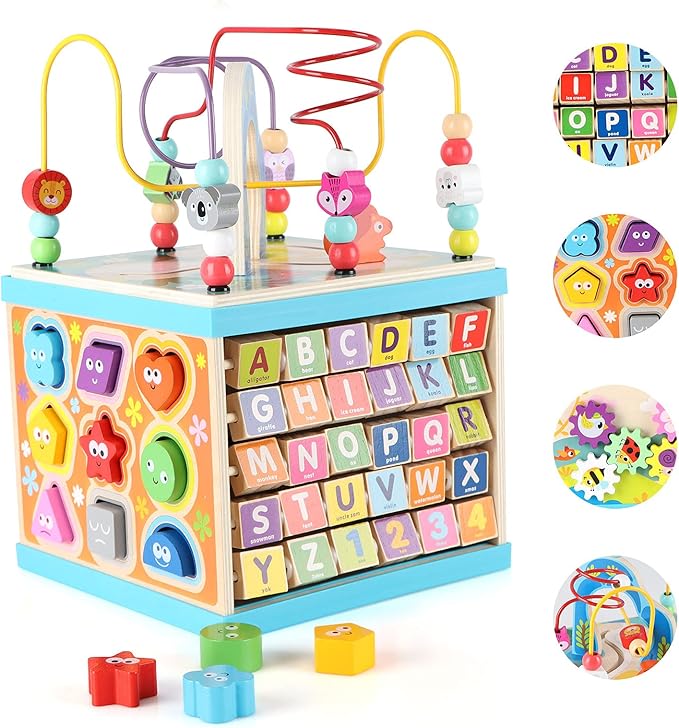 Qilay Wooden Activity Cube for Toddlers (Large), 5 in 1 Multipurpose ABC-123 Abacus Bead Maze Shape Sorter | Early Educational Toy for Toddlers - First Birthday Present for Boys Girls