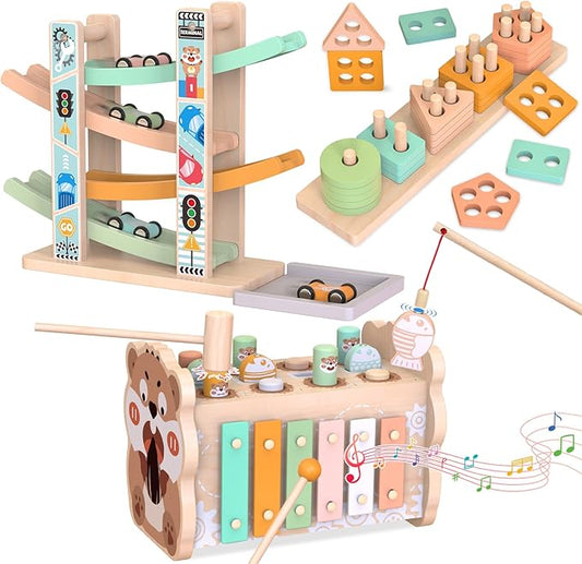 Wooden Montessori Toys for 1 Year Old, Pounding Hammering Toy with Xylophone & Fishing Game, Car Ramp Toy, Stacking Blocks & Shape Sorter 3 in 1 Wooden Toddler Toys 1 2 3 for Christmas Birthday Gifts