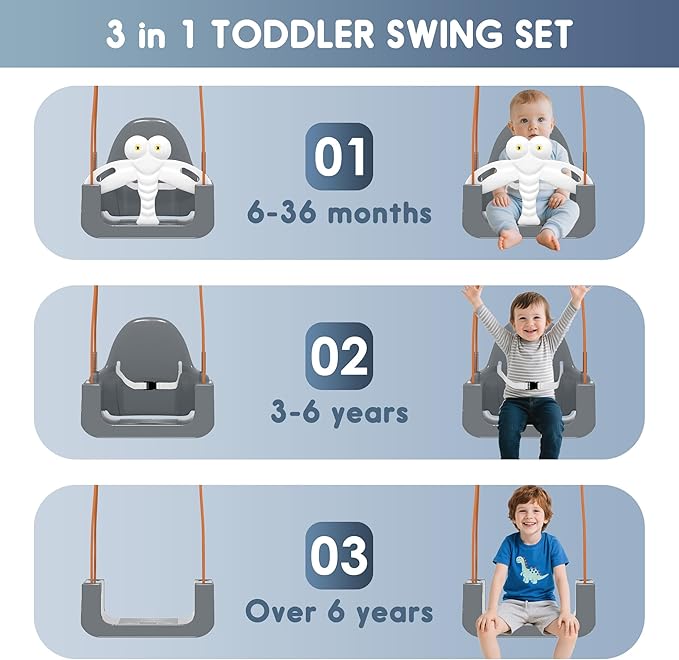 3-in-1 Toddler Swing Set, Baby Swing with Safety Belt, Indoor/Outdoor, Easy to Assemble Kids Swing Seat with Sturdy Metal Stand for Playground, Backyard and Nursery, Gray White