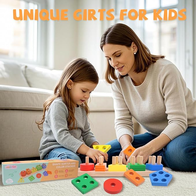Montessori Toys for 1 2 3 Year Old - Wooden Baby Stacking Toys Sensory Educational Shape Sorter Color Sorting Toy for Toddlers 1-3, Christmas Stocking Stuffers Birthday Gifts for Baby Girls Boys Kids