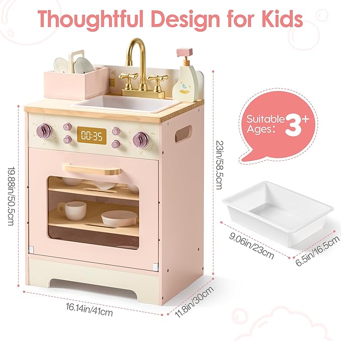 ROBOTIME Wooden Toy Dishwasher Sink – Pink Pretend Kitchen Toy with Gold Faucet, Turning Knobs, Dish Rack, Plates, Bowls, Cups – Montessori Wooden Play Kitchen for Girls Ages 3+