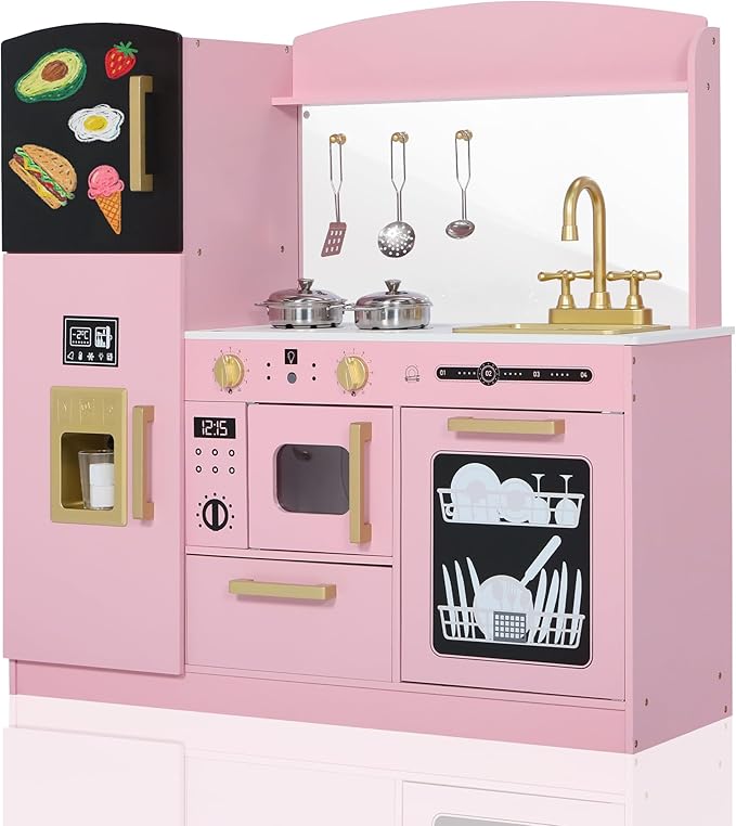 Pretend Kitchen Playset for Kids, Interactive Play Kitchen Wooden Toy Set w/Realistic Design, Sink, Microwave, Ice Maker, Dishwasher, Toddler Cooking Set Toy for Ages 3+, Pink
