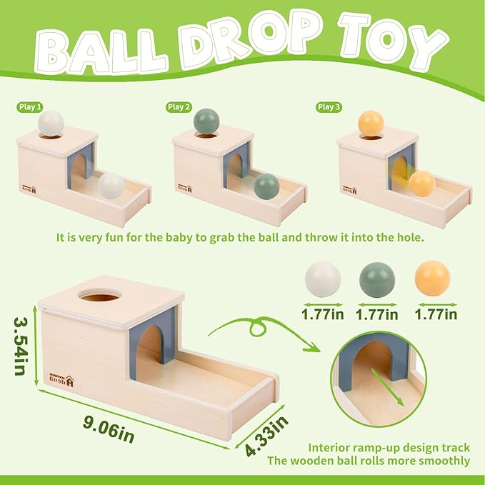 Adena Montessori Wooden Toy for 6-12 Month Baby 3 Balls, Object Permanence Box with Tray Colorful Learning Education Toy for Toddler Kid 1-2 Year Old, Preschool Developmental Girl and Boy Gift
