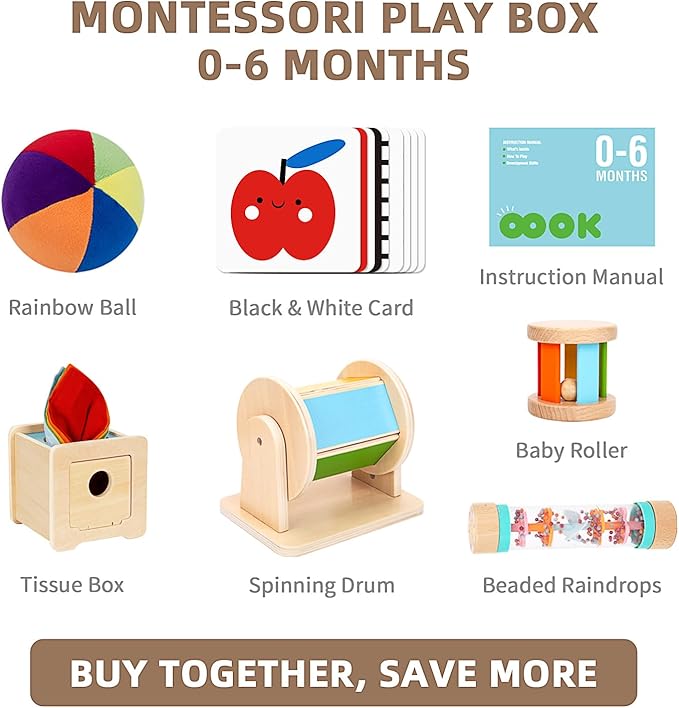 TOOKYLAND Montessori Toys for Babies 0-6 Months, 6 in 1 Learning Educational Set Newborn Toys Including Sensory Ball, Rain Stick, Baby Roller, Spinning Drum, Black and White Cards, Tissue Box