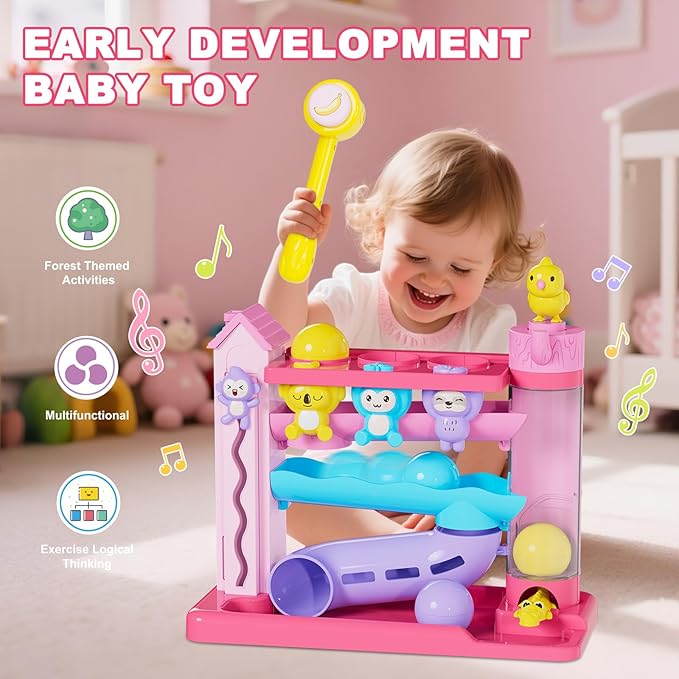 Toddler Musical Toys for 1+ Years Old Girls,Fine Motor Skills Developmental Baby Toy 12-18-24+ Months,Bilingual Toddler Learning Ball Drop Toy,Infant Birthday Gifts Toys for 1 2 Year Old Girl(Pink)