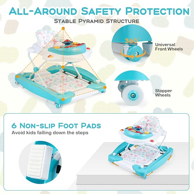 BABY JOY 6-in-1 Baby Walker, Foldable Baby Walker with Wheels, Adjustable Height, Music, Lights, Bouncer & Rocker Mode, Baby Walkers for Boys Girls 6-14 Months (Green)