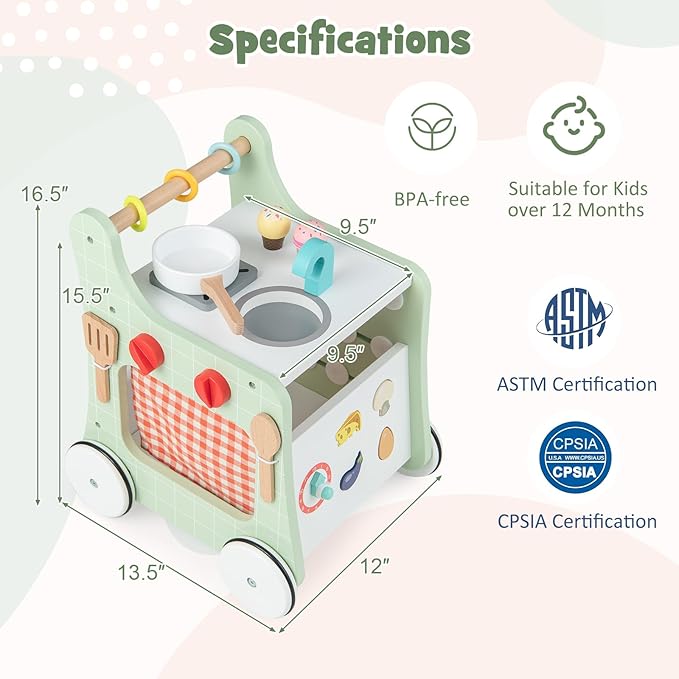 BABY JOY 6 in 1 Wooden Baby Walker, Toddler Pretend Play Kitchen Playset, Push and Pull Sit-to-Stand Learning Walker Activity Center, Montessori Educational Toy, Push Walker for Boys Girls