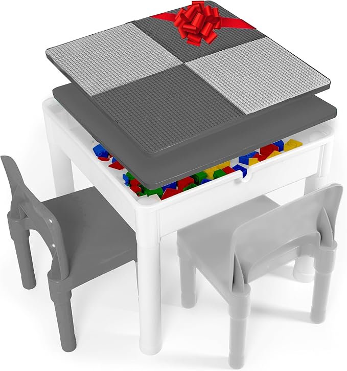 Play Platoon 5 in 1 Kids Activity Table and Chair Set - Stem Table for Toddlers with Building Block, Craft & Sensory Tables for Toddlers with 2 Chairs & 25 XL Blocks - Neutral Gray