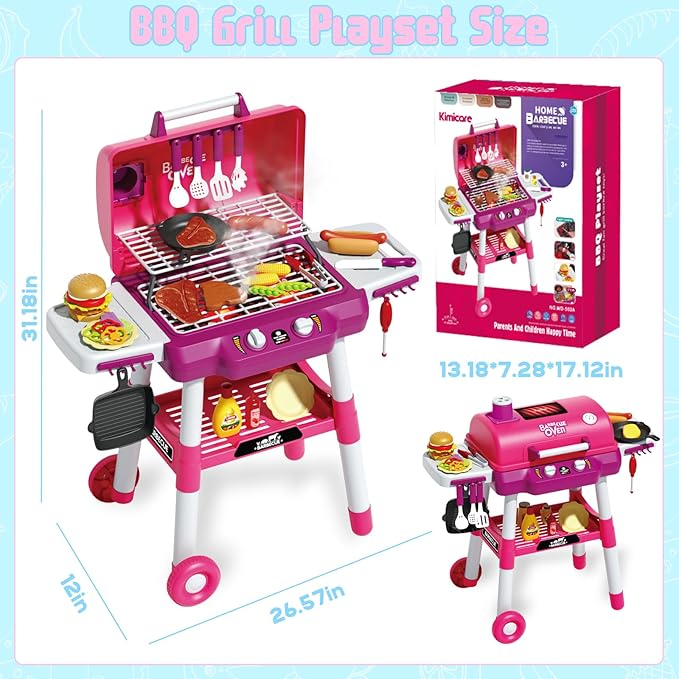 Kid Toy Grill, BBQ Grill Playset with Light Sound, Smoke Effect and 2 Wheels, Pretend Food, Little Chef Play Kitchen Accessories, Christmas Birthday Gifts for Boys Girls Ages 3 4 5 6 7 8