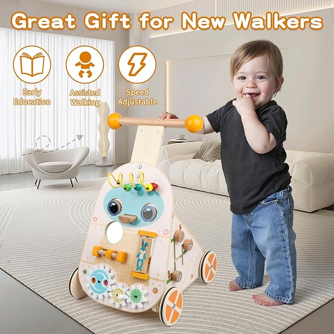 Wooden Push Walker, Adjustable Speed Baby Push Walker Activity Center Toys, Wooden Baby Walker Push and Pull Learning Activity Walker, Learning & Walking Toy for Boys Girls