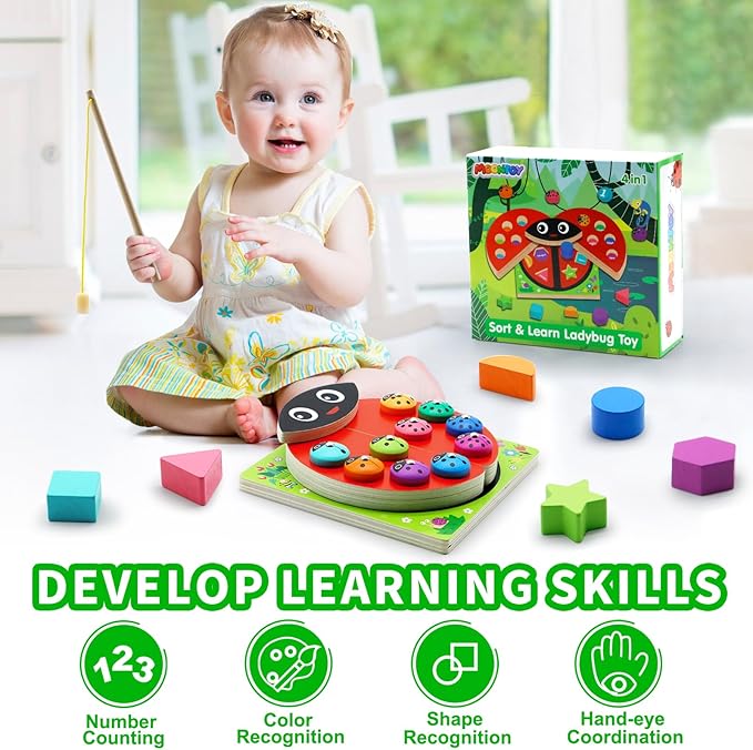 MOONTOY Wooden Ladybug Montessori Toys for 1 2 3 4 Year Old Boy Girl Learning Toys for Toddlers 1-3 Magnetic Fishing Game Number Block Counting Color Shape Sorter Puzzle Easter Basket Stuffers Gift
