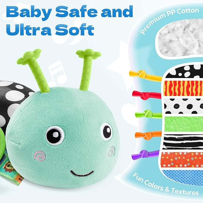 HEMRLY Baby Sensory Toy 0-6 Months, Musical Stuffed Caterpillar Plush with Teether, Crinkle, Rattle, Baby Mirror for Tummy Time, Infant Car Seat Toy for 0-3-6-12 Month Boys Girls Gifts - Knotted Blue