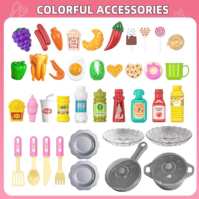 Play Kitchen Playset, Girls Kitchen Toys for Ages 2-6 4-8 with Light, Sound and Spraying, Sink Toy Accessories, Cooking Stoves, Pretend Food for Toddlers 1-3 3-5
