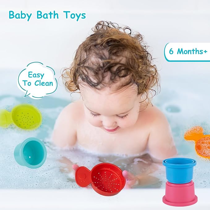 Bath Toys for Babies 6-12 Months, 14PCS Baby Stacking Cups for Toddlers 1-3 with Colorful Bathtub Water Toys and Educational Nesting Cups & Bath Spoons Montessori Bath Toys for 1 Year Old