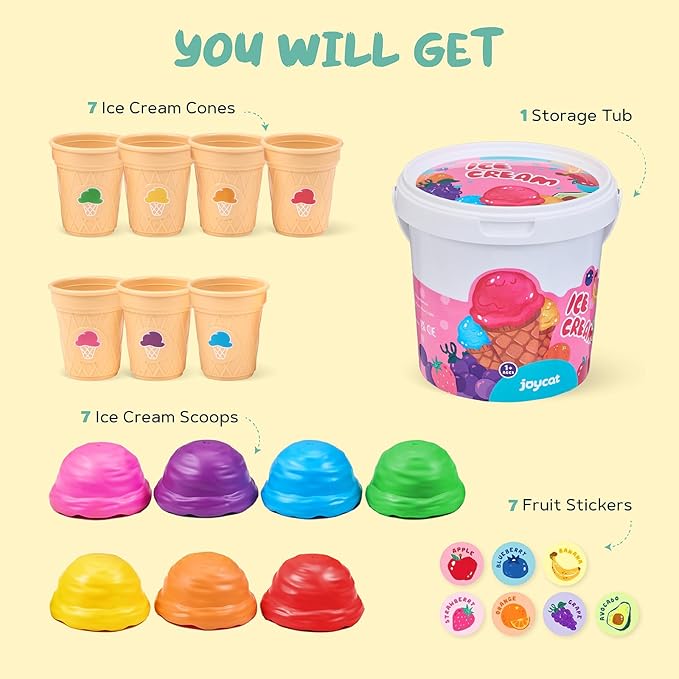 JOYCAT Ice Cream Play Set for Toddlers 1-3, Color Sorting Stacking Toys with 7 Matching Cones & Scoops, Pretend Play Food for Girls Kids Christmas Gifts, Fine Motor Skills Learning Toys for Preschool