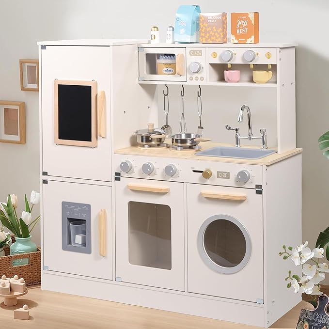 Wooden Kitchen Playset for Kids Toddler, Pretend Play Kitchen Set Toy for Girls and Boys, with Kitchen Accessories