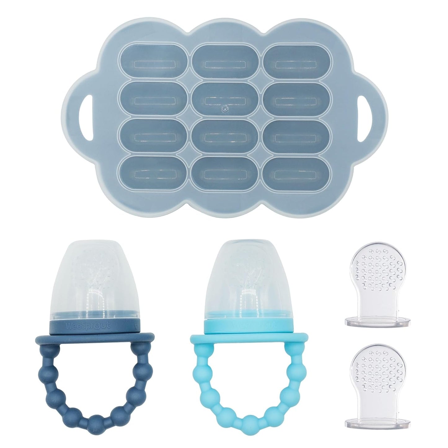 WeeSprout Baby Food Feeder Set - 2 Silicone Feeders & Reusable Freezer Tray with Lid - BPA-Free Fresh Fruit & Veggie Pacifier for Babies & Toddlers - Double as Teething Toys - Dishwasher Safe