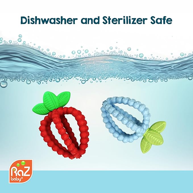 RaZbaby Bites Silicone Baby Teething Toy – Sensory Toy with Textured BerryBumps for Teething Relief, Easy-to-Hold Fruit Shape, BPA-Free, Soothes Front & Back Teeth – Gift for Babies, 3 Months+, Pink