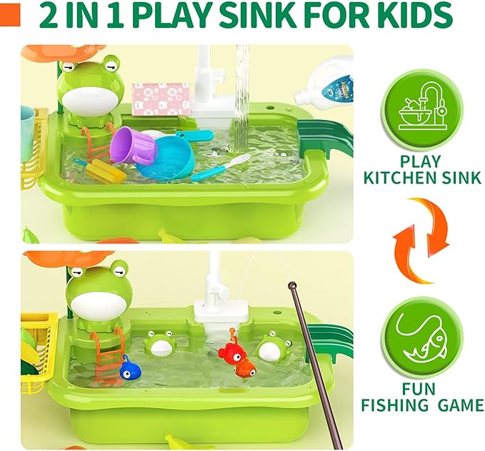 Play Sink with Running Water, Kitchen Play Sink Toy with Electric Faucet, Play Kitchen Accessories, Floating Pool Toys & Fishing Game, Kids Pretend Play-Dishwasher Play Set for Boys Girls Toddlers