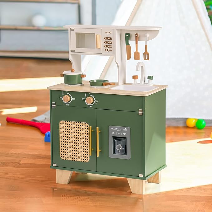 ROBUD Kids Kitchen Playset, Vintage Wooden Play Kitchen with Ice Dispenser, Pretend Toddlers Kitchen Toy with Accessories, Baby Gift for Ages 3 4 5 6 7 8