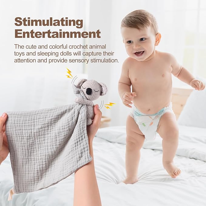 Hand Knit Koala Baby Blanket - Cute Educational Plush Doll and Baby Rattle, Soothing Toy.
