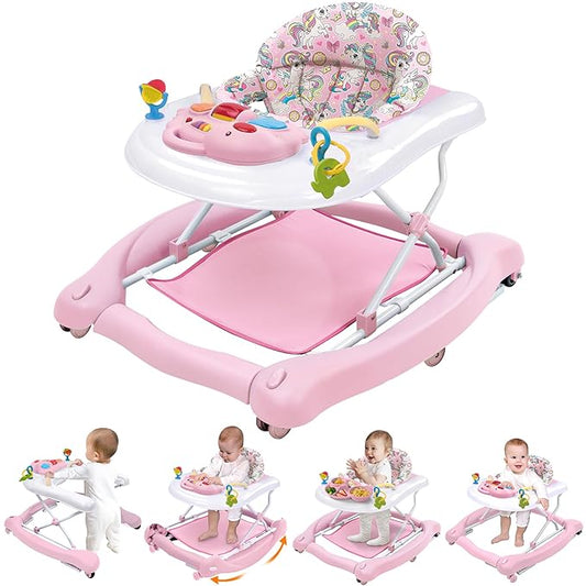 Foldable Baby 5-in-1 Activity Walker - Rocker, Activity Center, Bouncer, Seat Walker, Push Walker - Adjustable Speed Rear Wheels and Height Toys Ages 6-18 Months(Pink)
