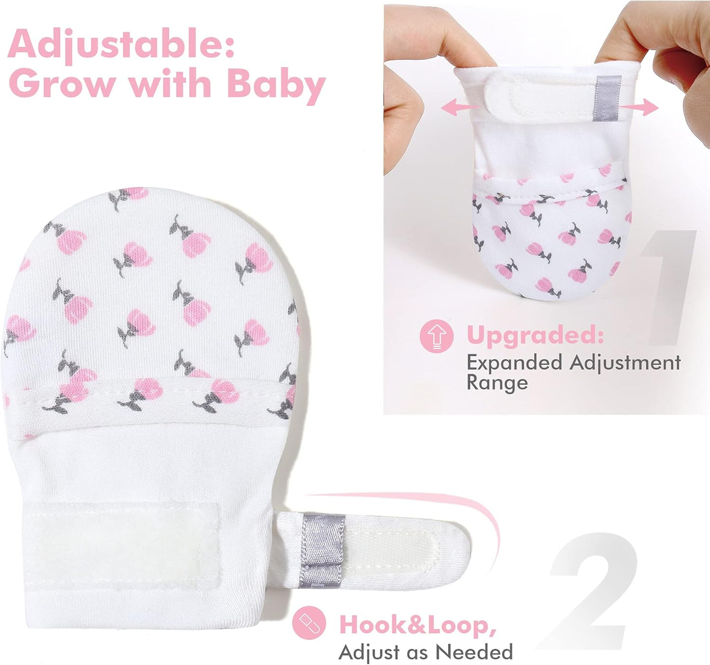 HAPIU Baby No Scratch Mittens Stay On, 100% Cotton Breathable, Adjustable Infant Gloves for Boys Girls, Newborn - 12 M