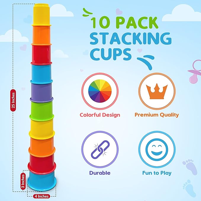 KIDSTHRILL Rainbow Colors Baby Stacking Cups for Toddlers, Tall Baby Stacking Toys Nesting Cups, Drain Holes for Bath Toys, Educational & Motor Skills Sorting & Nesting for 1 2 3 Years Old