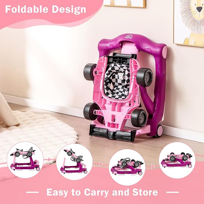 BABY JOY 4-in-1 Baby Walker, Foldable Activity Walker with Adjustable Height & Speed, Music, Lights, Anti-Rollover, Toddler Push Walker, Baby Walker with Wheels for Boys Girls 6-18 Months (Purple)