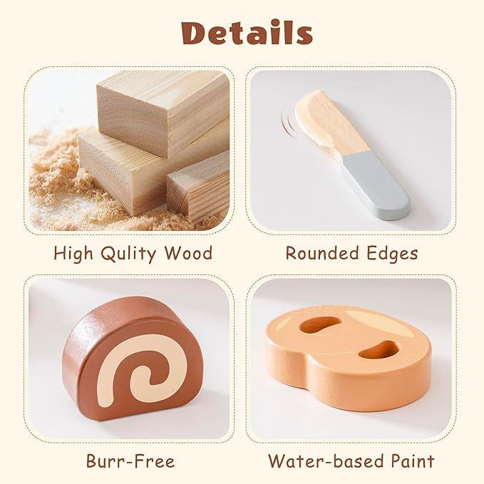 ROBOTIME Wooden Play Food Cutting Bread Set, Pretend Play Toy Food for Play Kitchen with Shopping Bag – Kids Kitchen Accessories, Wooden Bread Toys for Boys & Girls