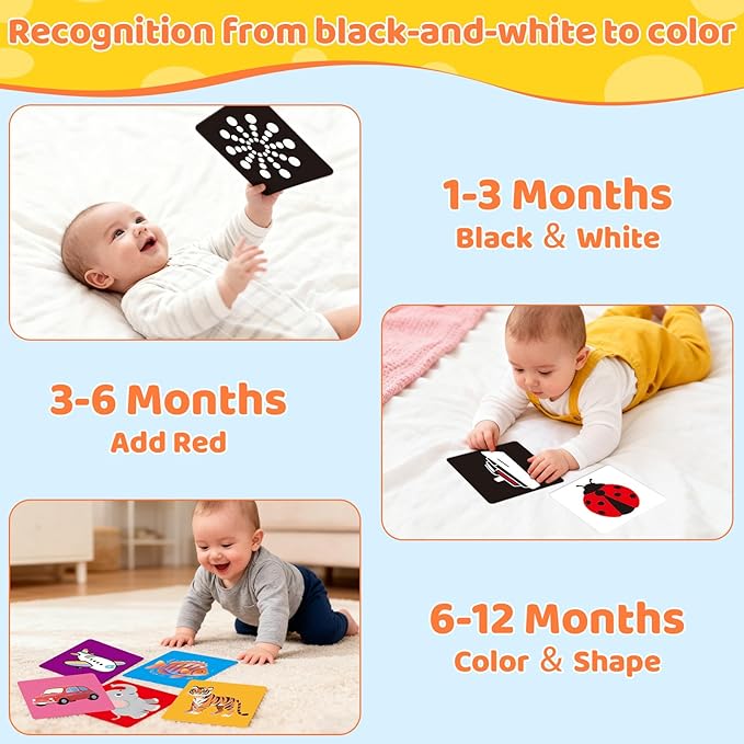 Tummy Time Toys with Baby Mirror & 9 Black White Contrast Cards, High Contrast Baby Book,Newborn Toys 0-3 6 Months for Visual Stimulation, Brain Development, Tummy Time Essentials