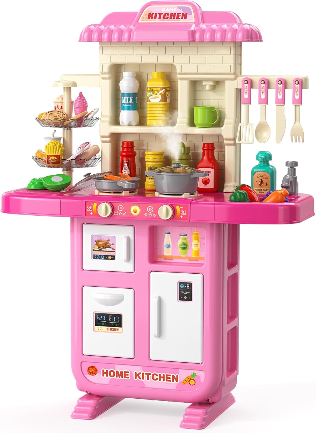 TEMI Pretend Food Kitchen Toys for Kids Ages 4-8, Kitchen Set for Toddlers 1-3, Play Kitchen Accessories w/Real Sounds Light, for Boys, Girls
