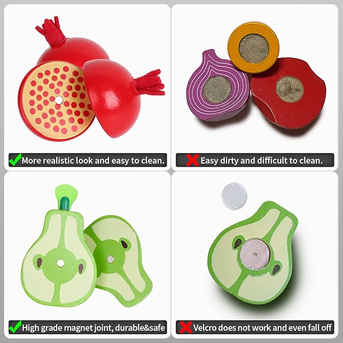 Wooden Toys for 2 Year Old - Pretend Play Food Set for Kids Play Kitchen,9 Cuttable Toy Fruit and Veg with Wooden Knif and Tray,Gift Idea for Boys Girls Birthday