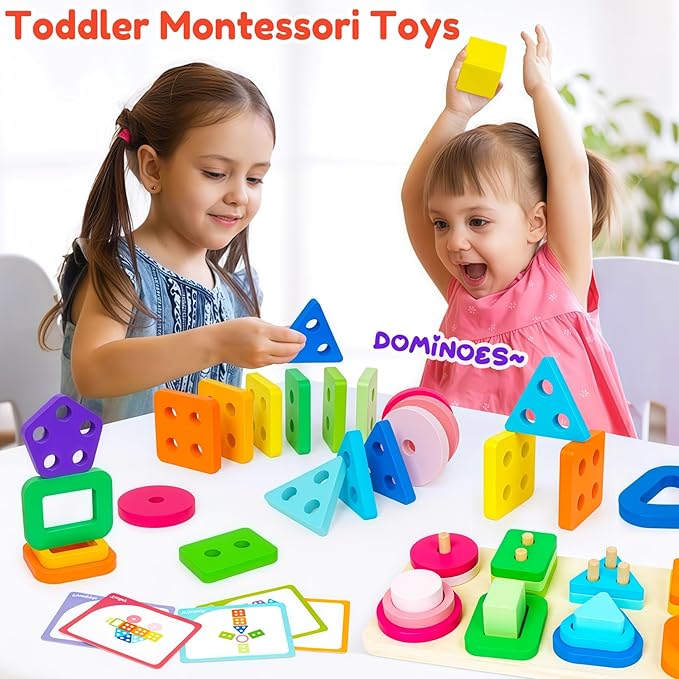 Montessori Toys for 1 2 3 Year Old Boys Girls Birthday Gifts Color Shape Sorters Wooden Stacking Toys for Toddlers 1-3 Puzzles Blocks for Toddlers 2-4 Preschool Learning Educational Sensory Travel Toy