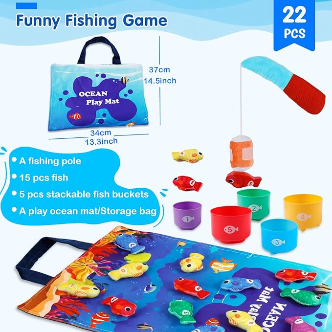 M SANMERSEN Montessori Toys for 1-2 Year Old - Toddler Fishing Game with Stacking Cups, Baby Toy 12-18 Months One Year Old Boy Girl Birthday Gift to Learn Count, Sort Colors and Shapes