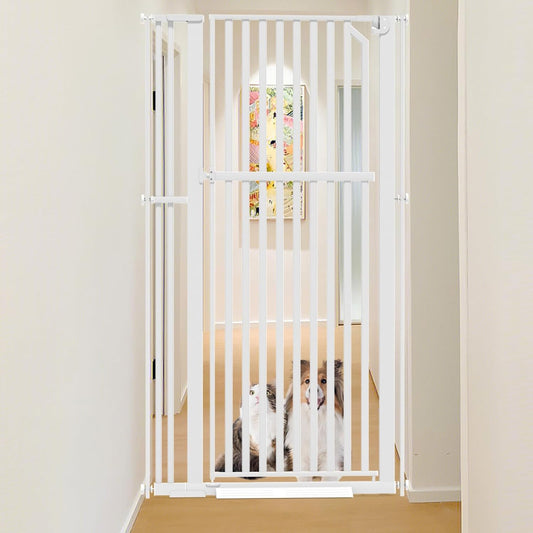 Glaf Extra Tall Pressure Mounted Pet Gate 63" With Cat Door - Adjustable Width 33.86-37.4" Metal Safety Gate for Dogs and Cats - Auto-Close for Doorways, Stairs, Kitchen, Hallway (White)