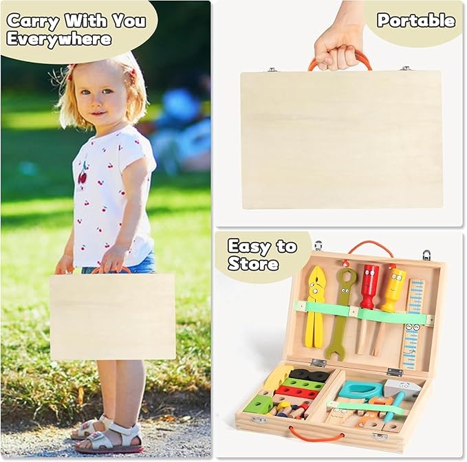 TONZE Kids Tool Set Wooden Toddler Tools Montessori Toys for 3 4 Year Olds, 34 PCS Educational STEM Construction Toys Pretend Play Toddler Tool Set Birthday Gift for Age 3-4 Boys & Girls