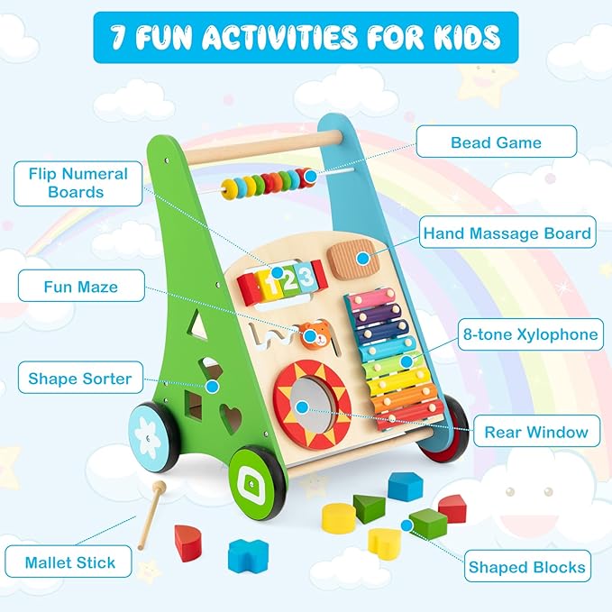 HONEY JOY Baby Push Walker, Wooden Infant Walker Activity Center with Shape Sorter, Develop Motor Skills & Creativity, Push Toys for Babies Learning to Walk, Gift for Boys and Girls, Colorful