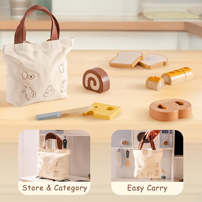 ROBOTIME Wooden Play Food Cutting Bread Set, Pretend Play Toy Food for Play Kitchen with Shopping Bag – Kids Kitchen Accessories, Wooden Bread Toys for Boys & Girls
