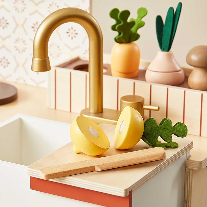 Tiny Land Play Kitchen, Kids Kitchen Playset, Toddler Kitchen with Cutting Food Set, Wooden Kitchen Sets for Kids, Gift for Girls and Boys