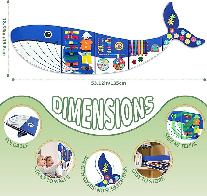Whale Montessori Busy Board Toddler Busy Board, Activities Foldable Montessoris Toys for 3+ Years Old Wall Panel