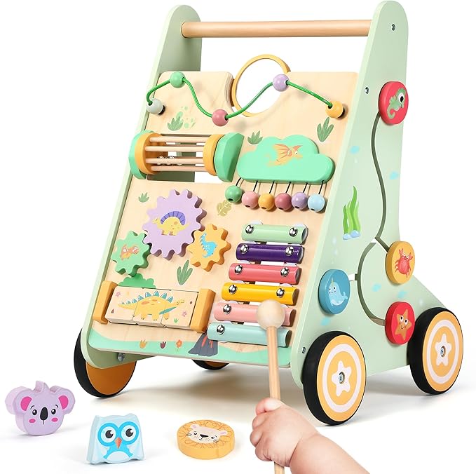 Wooden Baby Walker with Adjustable Speed, Montessori Push Walker Toy with Activity Center & Wheels, Sturdy Learning Toy for Boys and Girls