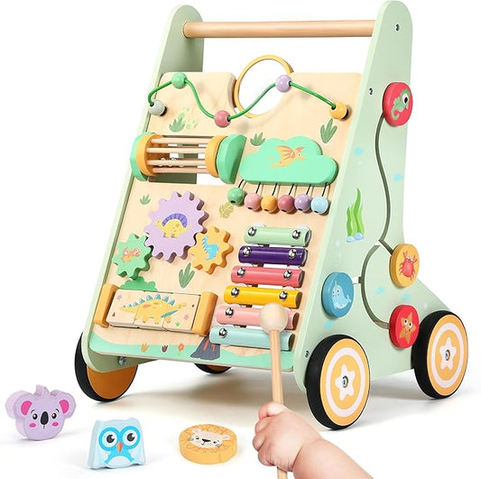 Wooden Baby Walker with Adjustable Speed, Montessori Push Walker Toy with Activity Center & Wheels, Sturdy Learning Toy for Boys and Girls