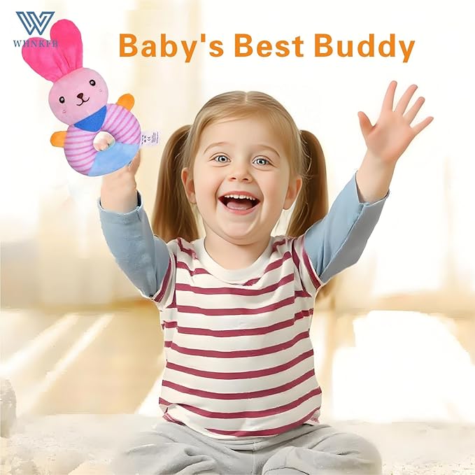 Baby Teether Rattle Toy - Soft Bunny Plush with Crinkle Squeaky Sound, Sensory Shaker for Newborns 0-12 Months, Infant Learning and Travel Stroller Toy