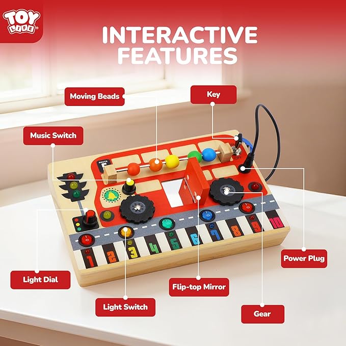 TOY Life Montessori Busy Board, Wooden Bus Sensory Board Toys for Toddlers with LED Light Up Switchs, Baby Fidget Boards Travel Toys, Christmas Birthday Gifts for 1+ Year Old Girls Boys