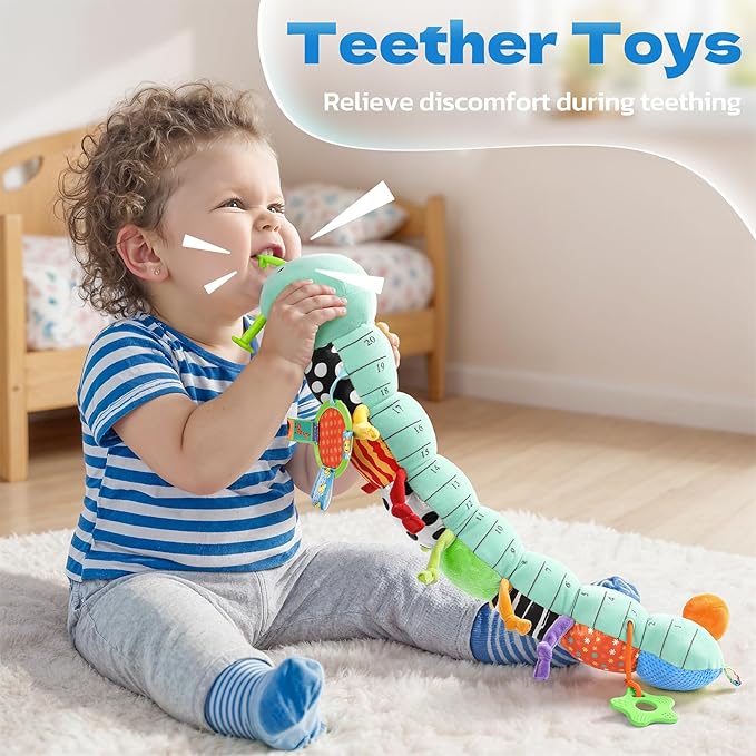 HEMRLY Baby Sensory Toy 0-6 Months, Musical Stuffed Caterpillar Plush with Teether, Crinkle, Rattle, Baby Mirror for Tummy Time, Infant Car Seat Toy for 0-3-6-12 Month Boys Girls Gifts - Knotted Blue