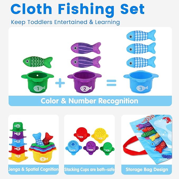 Montessori Toys for 1 Year Old Boy Girl Birthday Gift - Toddler Toys Cloth Fishing Game with Stacking Cups 1-3 - Number Counting Color Sorting Learning Baby Toy 12-18 Months