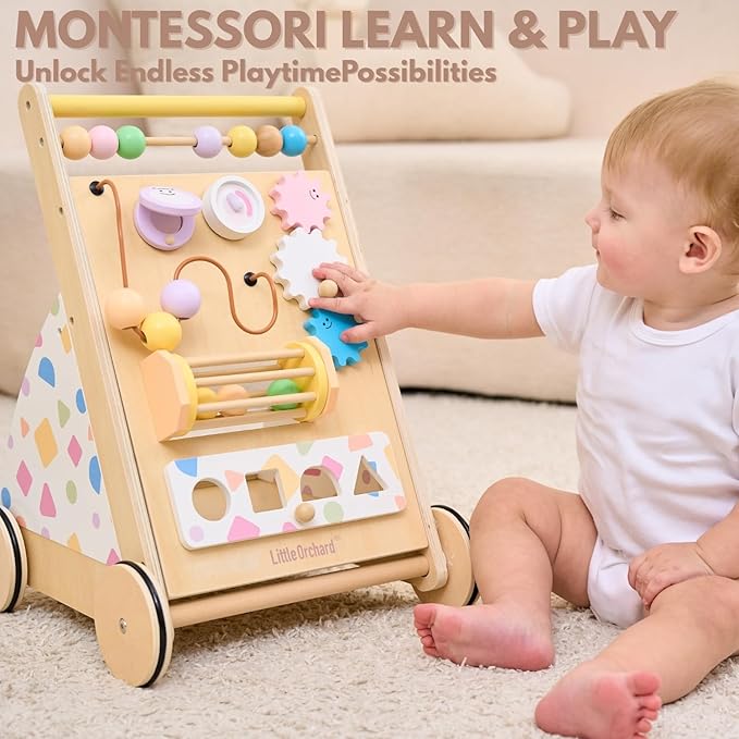 Wooden Baby Walker, Montessori Push Walker｜Busy Board for Fine Motor Skill Development｜Upgraded 2.0 Brake System Speed Control & Full Stop｜Baby Walker with Wheels for Boys and Girls 1+yr