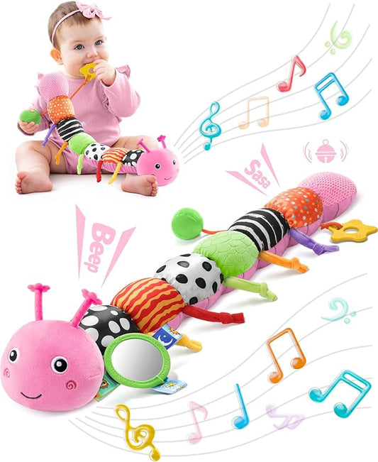 LIGHTDESIRE Baby Toys Musical Caterpillar,Infant Toys 3 6 12 Months Sensory Toy with Ruler Design,Mirror,Pull String,Crinkle&Ring Bell,Baby Teething Toy for Tummy Time Boy Girl Gifts (Rose Pink)